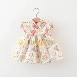 Chinese Style Summer New Girls' Dress Small Flying Sleeve Small Rabbit Flowers Printed A-word Dress Exquisite Buttons