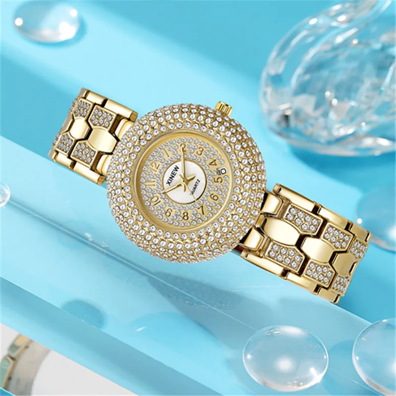 Girls Big Brand Golden Watches Women Fashion Alloy Band Full Diamond Luxury Date Quartz Wrist Watch Silver Femmes Montres Mode