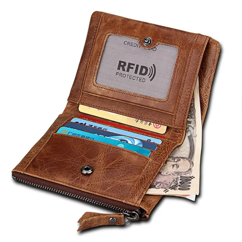 Portefeuille vintage en cuir véritable pour hommes, porte-cartes RFID, porte-monnaie masculin de luxe, multifonction, pince à billets, fermeture éclair