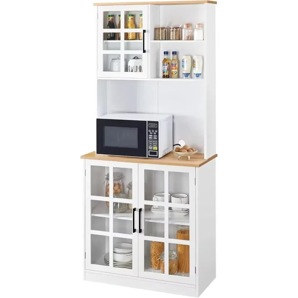 Kitchen cabinets.Kitchen Pantry Storage Cabinet with Hutch,72'' Freestanding Buffet Cupboard with Large Countertop & Glass Doors