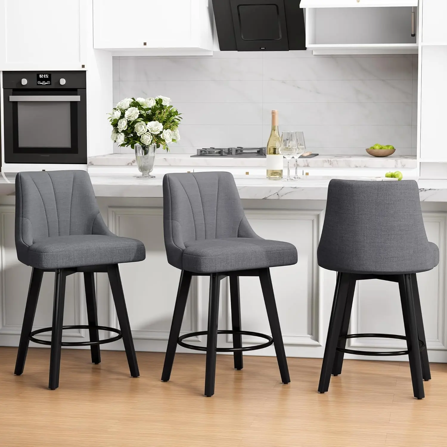 

Counter Height Swivel Bar Stool, 24" Upholstered Fabric Barstools Set Of 3, Counter Stool Chair With Back & Solid, Customized