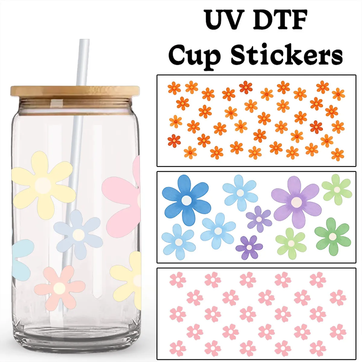 Cute Pastel Daisy Flower UV DTF Cup Transfer Stickers No Heat Required Waterproof Decals for 16oz Libbey Glass Can DIY Cup Decor