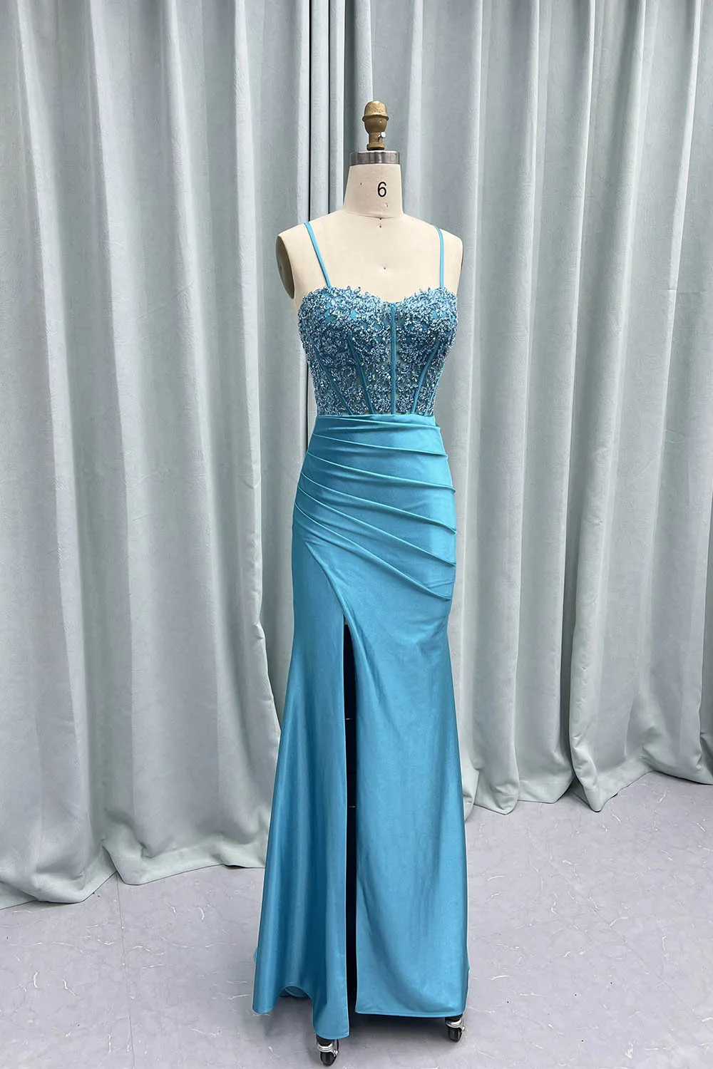 YQLNNE Sexy Blue Spaghetti Long Prom Dresses Mermaid Satin Embroidered Beading Red Carpet Gown Lace-up Formal Dress