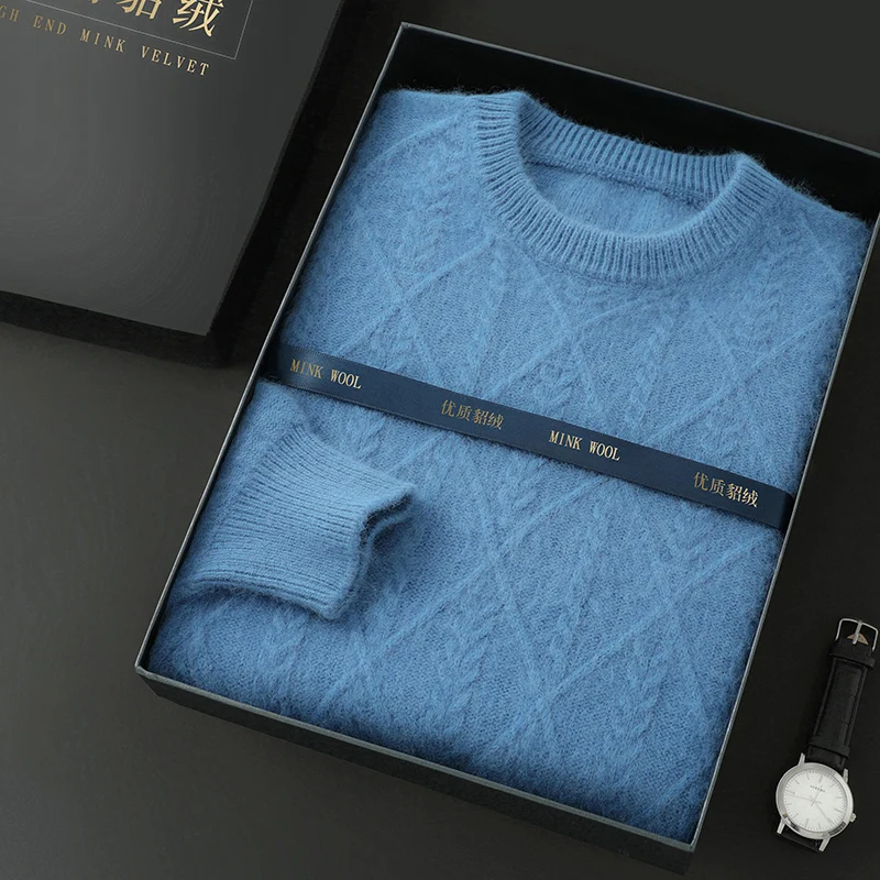 男性セーター 100% 純粋なミンクカシミヤ秋冬厚手ニットセーターカジュアルラウンドネックプルオーバー暖かいジャカード紳士服