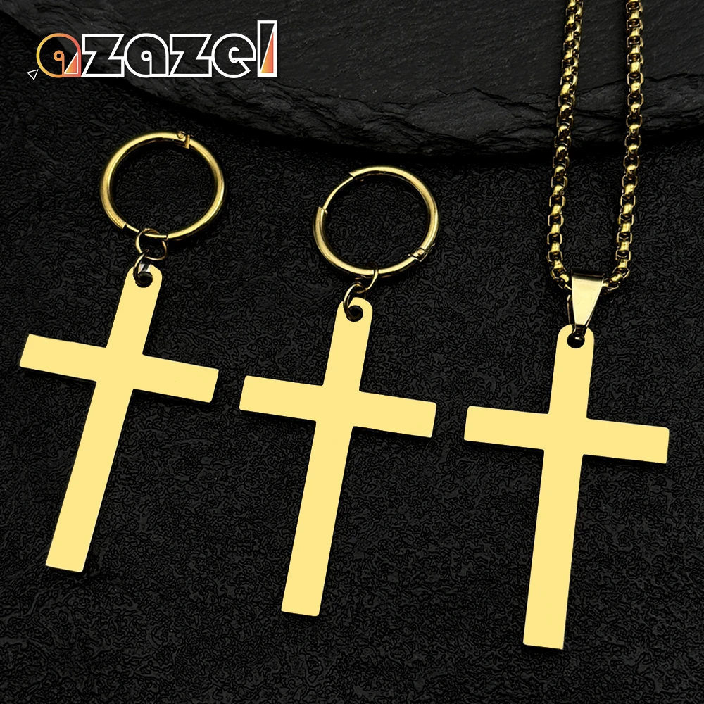 

Stainless Steel Jesus Cross Witchcraft Pagan Necklace Earrings Set for Women Men Gold Color Necklace Christian Jewelry Set