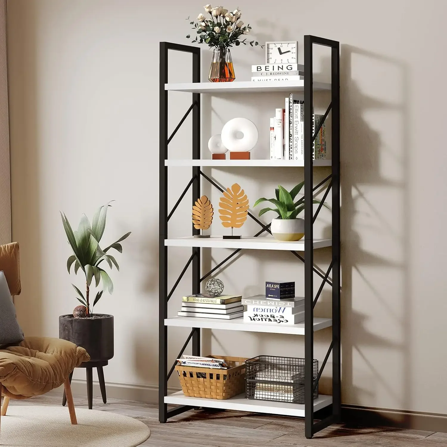 5-stufiges Bücherregal, klassisches modernes weißes Bücherregal, Bücherregal, Lagerregalregale im Wohnzimmer/Zuhause/Büro, Bücherhalter