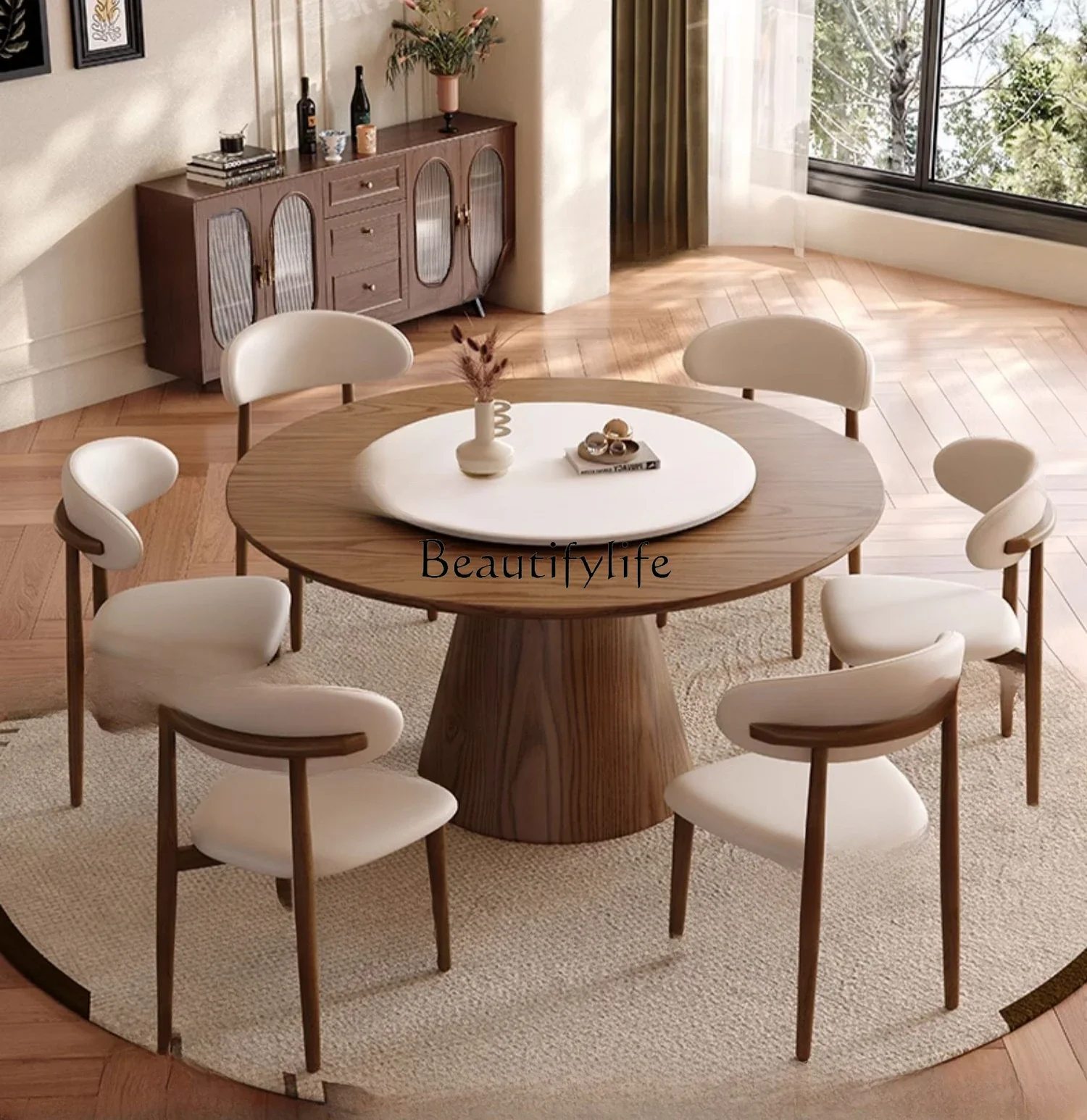 

White wax wood antique round dining table with turntable walnut solid wood dining table