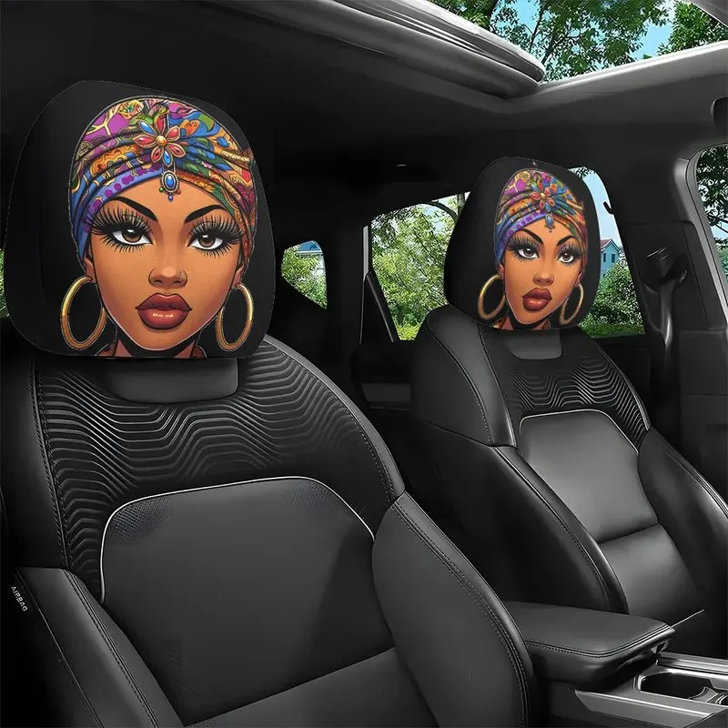 1/2Pcs Car Headrest Covers, Vibrant African American Woman With Turban And Hoop Earrings Print, POD