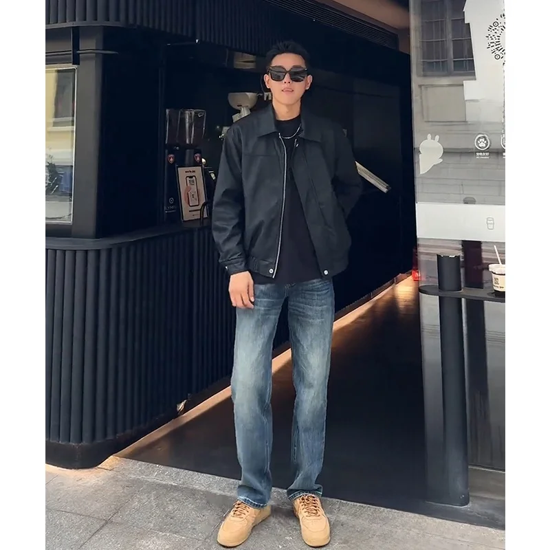 

American Vibe Deep Blue Fce Lined Men's Jeans Loose Straight Leg Trousers Autumn Winter High Waist Wide Leg Jeans