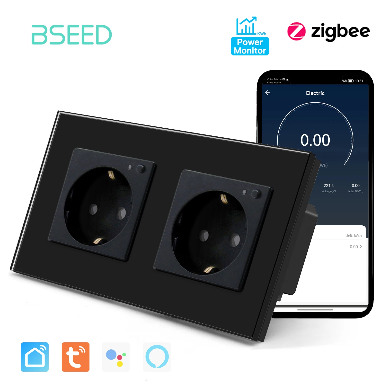 Bseed eu zigbee energie monitor wand steckdose kristallglas rahmen doppel smart outlets google home alexa smart life sprach steuerung