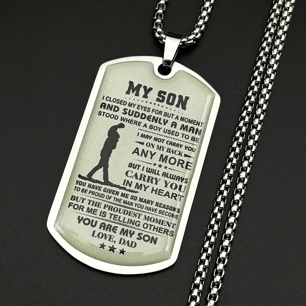 Dad To My Son Quote Stainless Steel Dog Tag Necklace Pendant Silver Color Father Love Jewelry Gift For Son Birthday Graduation