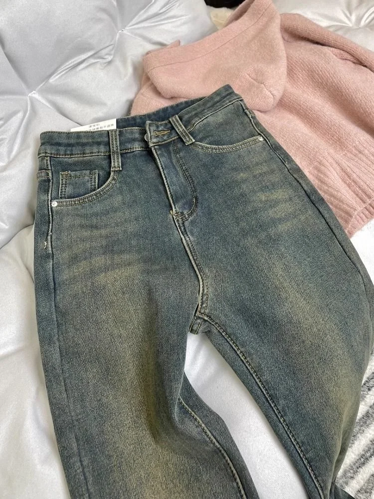 Plus size fce forrado thiened micro queimado jeans feminino cintura alta emagrecimento elástico bootcut calças casuais wear denim