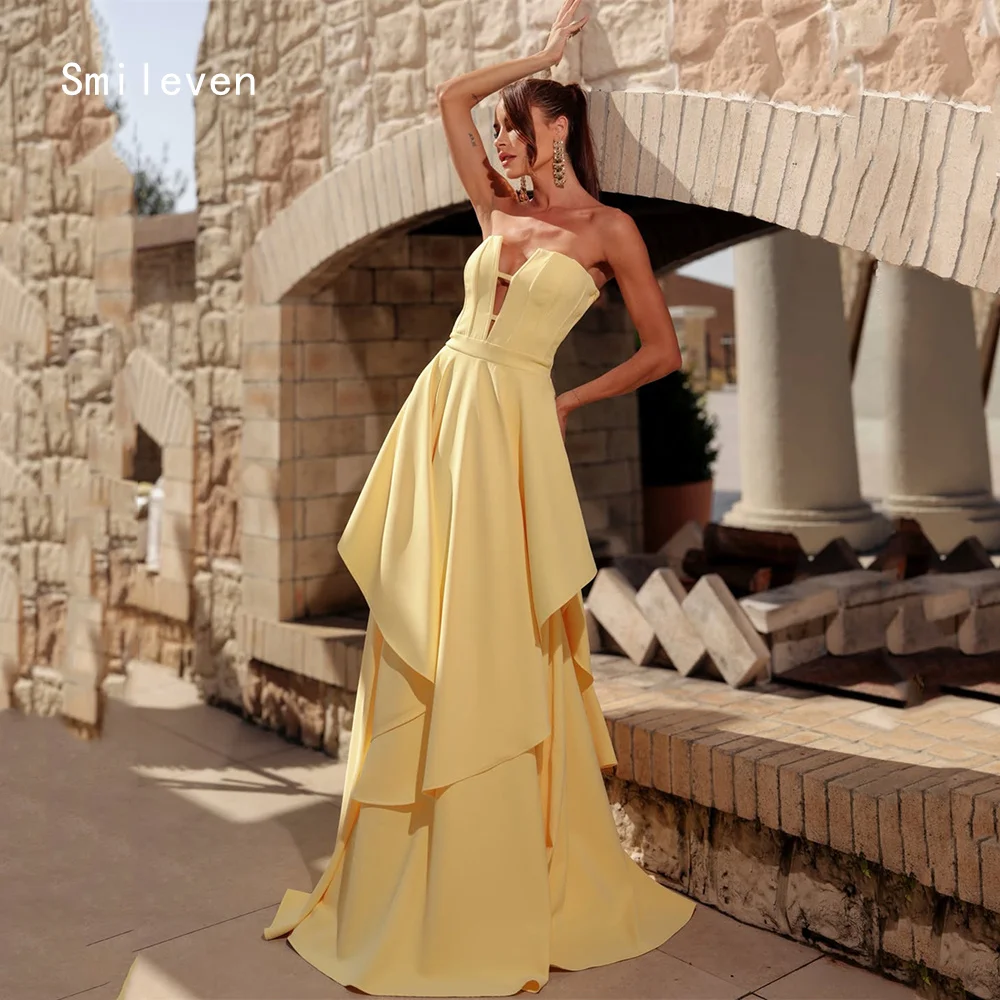 

Smileven Luxury A Line Evening Dress Strapless Elegant Formal Prom Dresses Yellow V Neck Party Gowns Customized 2026
