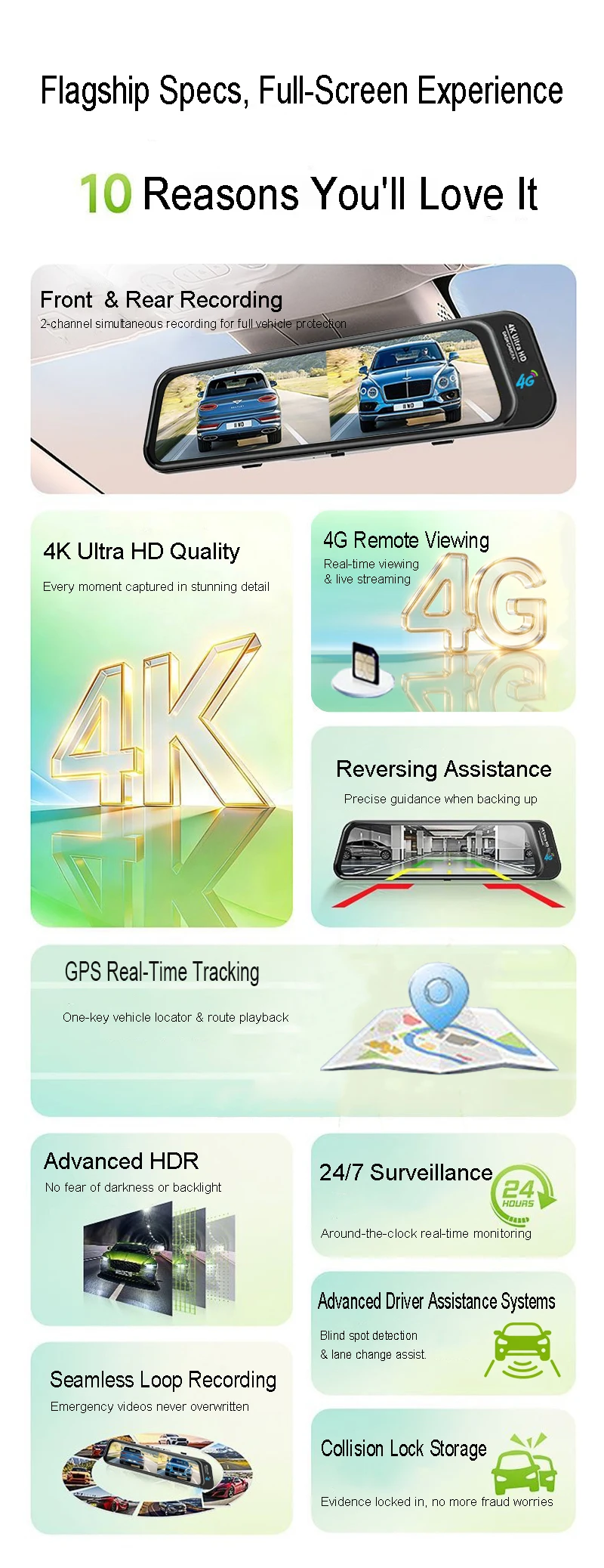 4G 4K Stream Dashcam 2CH ADAS Sentry GPS RemoteSnap Totwinkel-Überwachung 24H Parküberwachung Zeitraffer Nachtsicht App Bewegungssensor G-Sensor Loop-Aufnahme – Detail 2