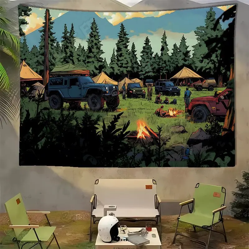 نسيج خلفية للتخييم على شاطئ الغابة من VIKAMA - ديكور خلفية صورة للنزهات الخارجية، معلق على الحائط جمالي عتيق