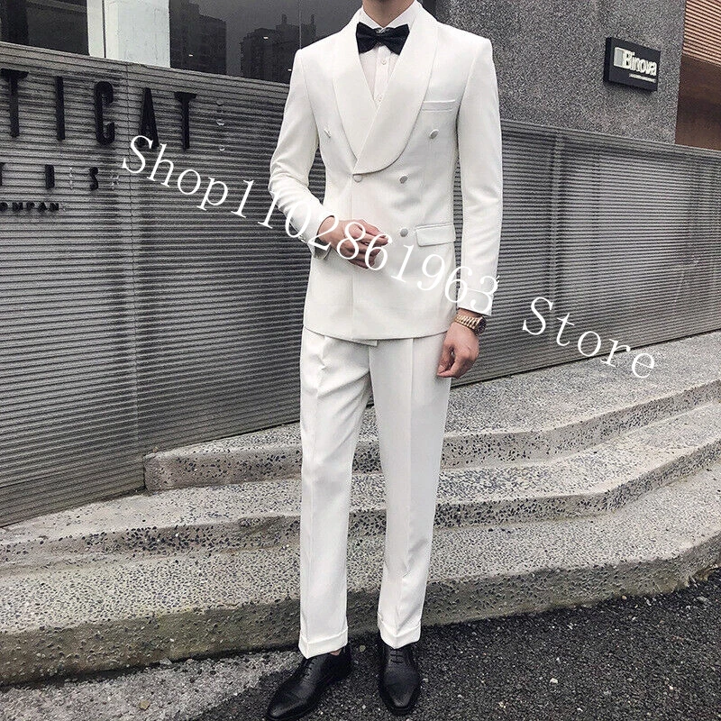 White Slim Fit Groomsmen Wedding Tuxedo 2 Pieces Double Breasted Best Men Wedding Suits Groom Wear Blazer Pants Costume Homme