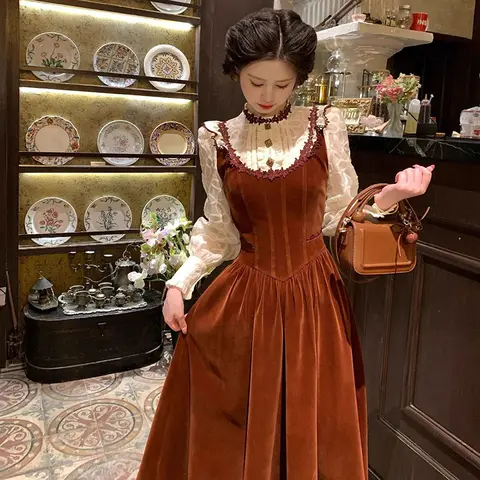 Vintage Velvet Midi Dress Women Elegant Lace Patchwork Dresses Autumn Harajuku Korean Puff Long Sleeve Bodycon Design Vestidos