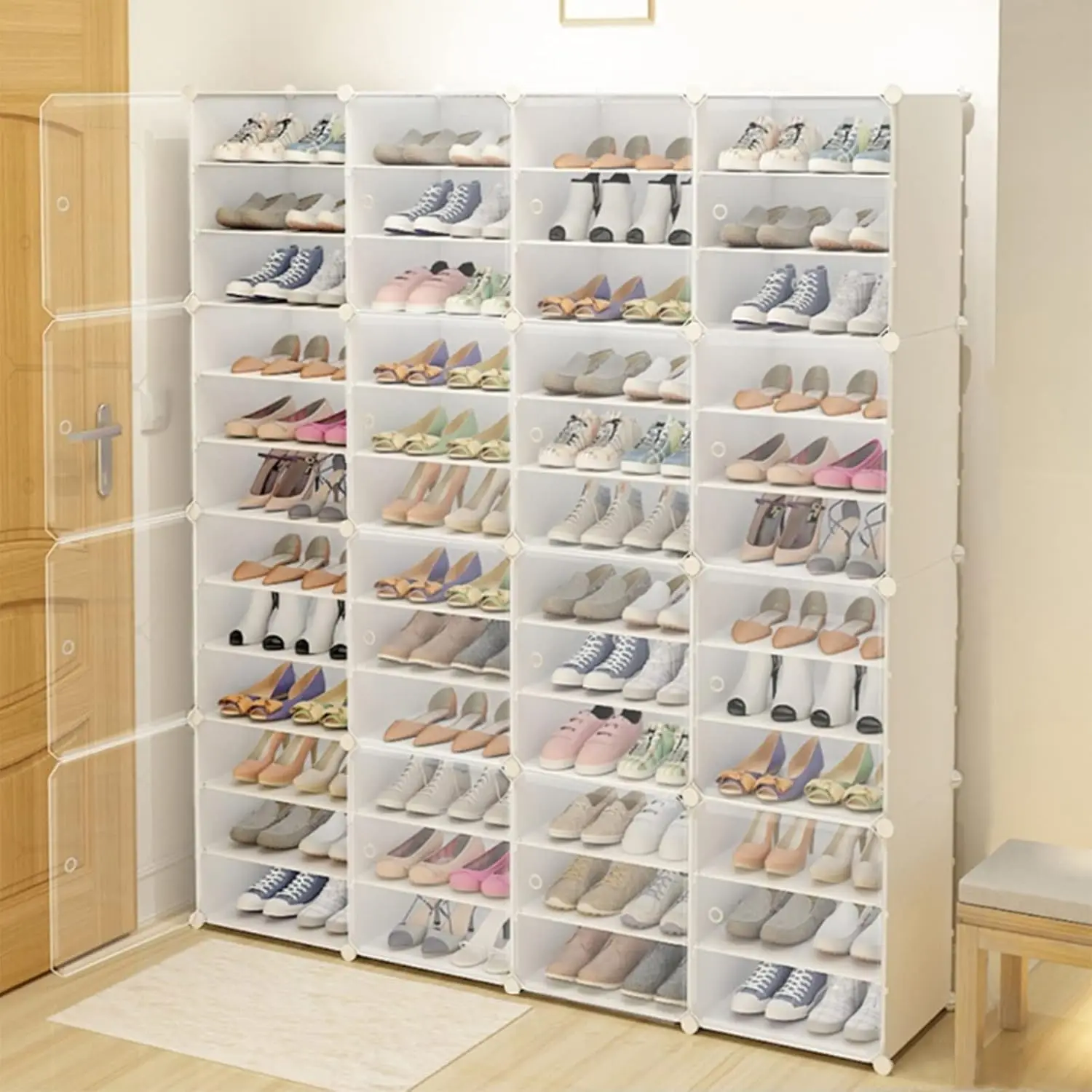 12-Tier Stackable Shoe Organizer, 96 Pair Clear Modular Storage Box for Heels & Boots, Expandable Portable Shelf, Customized