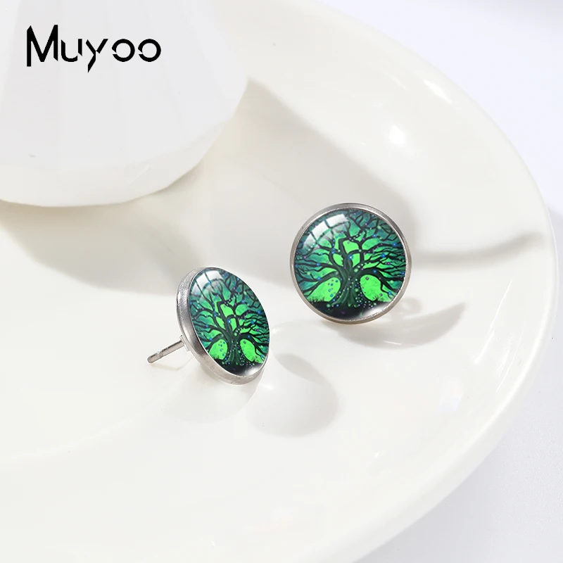 2023 New Arrival Fashion Colorful Tree and Moon Landscape Paintings Glass Round Dome Stud Earrings Jewelry Handmade Earrings