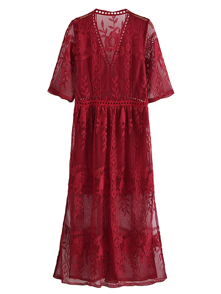 Vintage Chic Women Red Lace Short Sleeve Split Summer Beach Sexy Bohemian Maxi Dress Ladies Casual Boho Wedding Dresses Vestidos