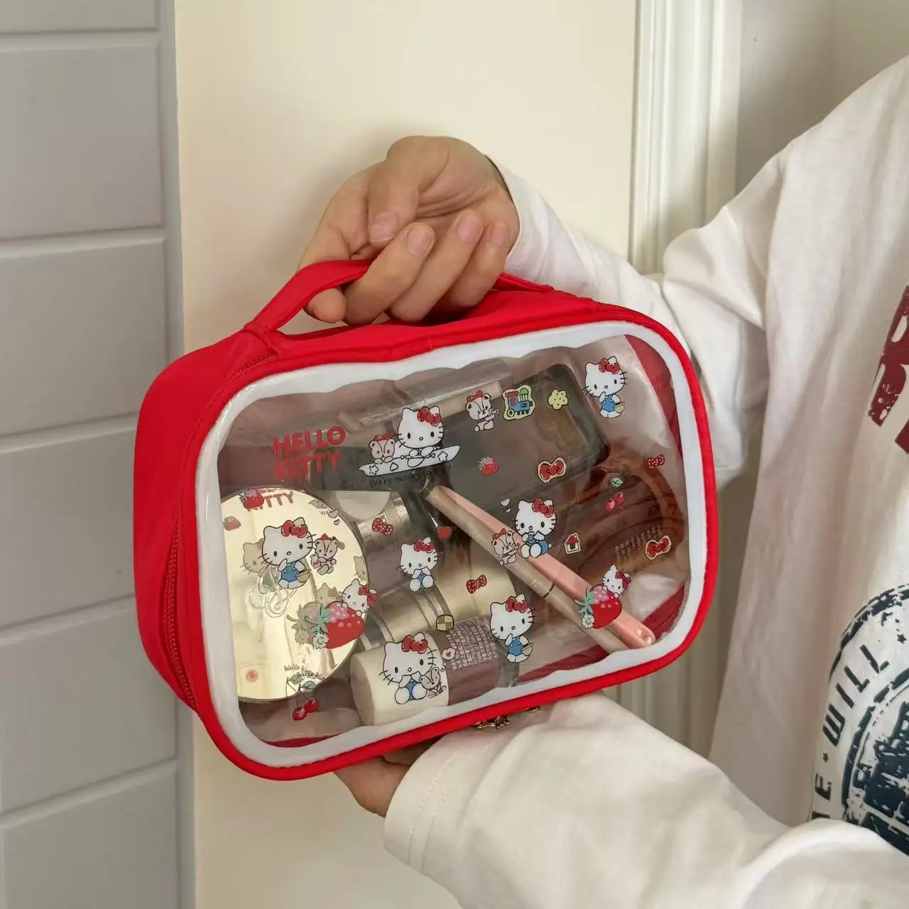 Sanrio Hello Kitty Cute Travel Portable Makeup Bag Large Capacity Toiletry Storage Bag Kawaii Y2K Transparent Cosmetic Bag Gifts