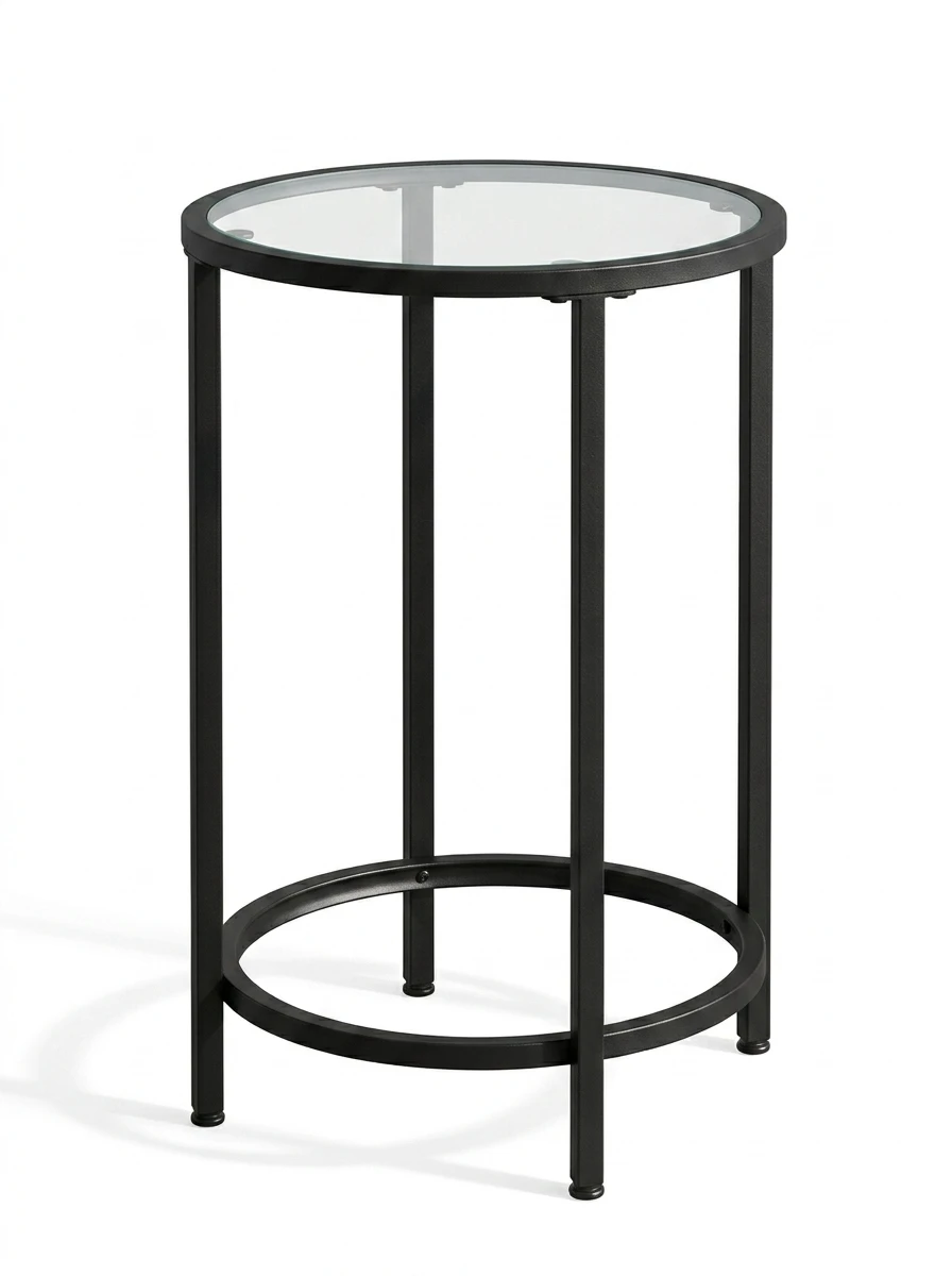 End Table, Round Glass Side Table with Gold Metal Frame and Tempered Top, Modern Accent Table for Living Room, Bedroom, Black