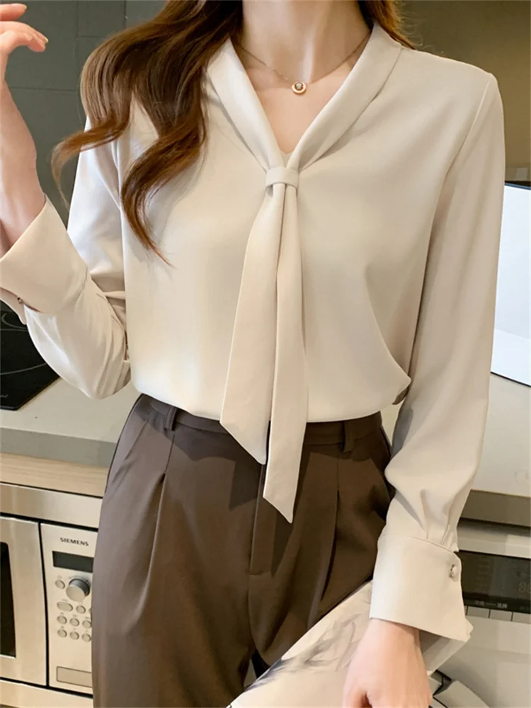 #3229 White Womens Tops And Blouses Cow Collar Office Chiffon Blouse Femme Elegant Long Sleeve Slim France Style Spring Autumn