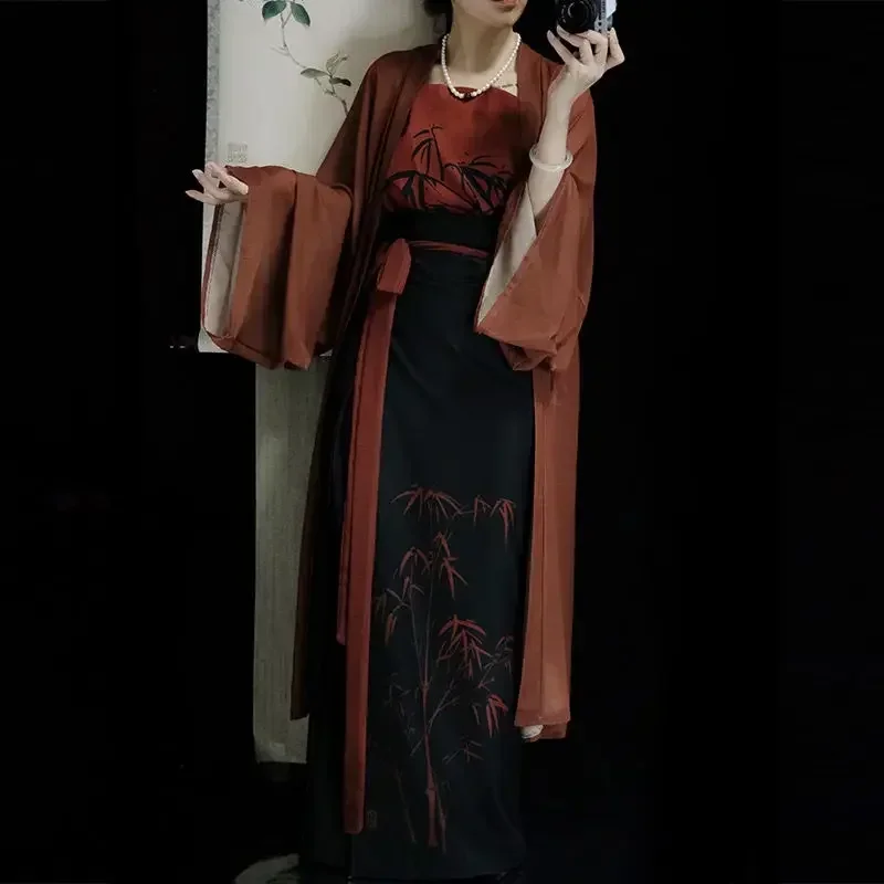 2 Colors Original Song Dynasty Ink Painting Hanfu Dress Women Summer Elegant Casual Suit 3pcs Masquerade Ball Dresses  Kimono