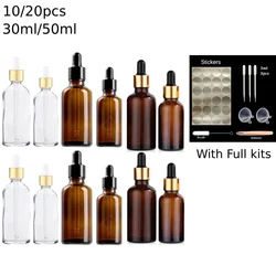 10/20PCS 30/50ml Pipette Dropper Bottles for Essential Oil Glass Liquid Drop Massage Aromatherapy Gold clear Refillable 1/2OZ