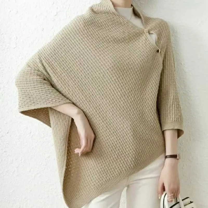 Warm Knitted Plain Color Scarf Thick Single Breasted Wool Shawl Wrap Women Cape Open Side Woven Cardigan Poncho Stole