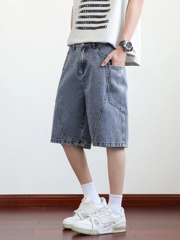 

American Retro Men's Denim Shorts Summer Loose Fit Straight Leg Casual Pants Five-Quarter Length Trendy Youth Polyester Fiber