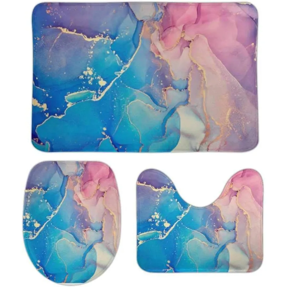 

3 Piece Bathroom Rug Set Marble Blue Pink Art Contour Mat, Toilet Seat Lid Cover, Non Slip Bath Mat For Tub Shower