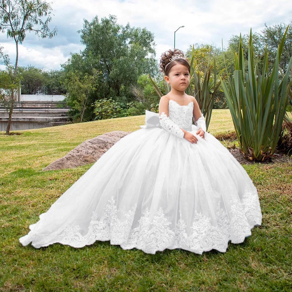 Vestido de niña de flores de tul rosa para boda, apliques de manga larga con lazo, largo hasta el suelo, vestido de primera comunión de princesa para niños