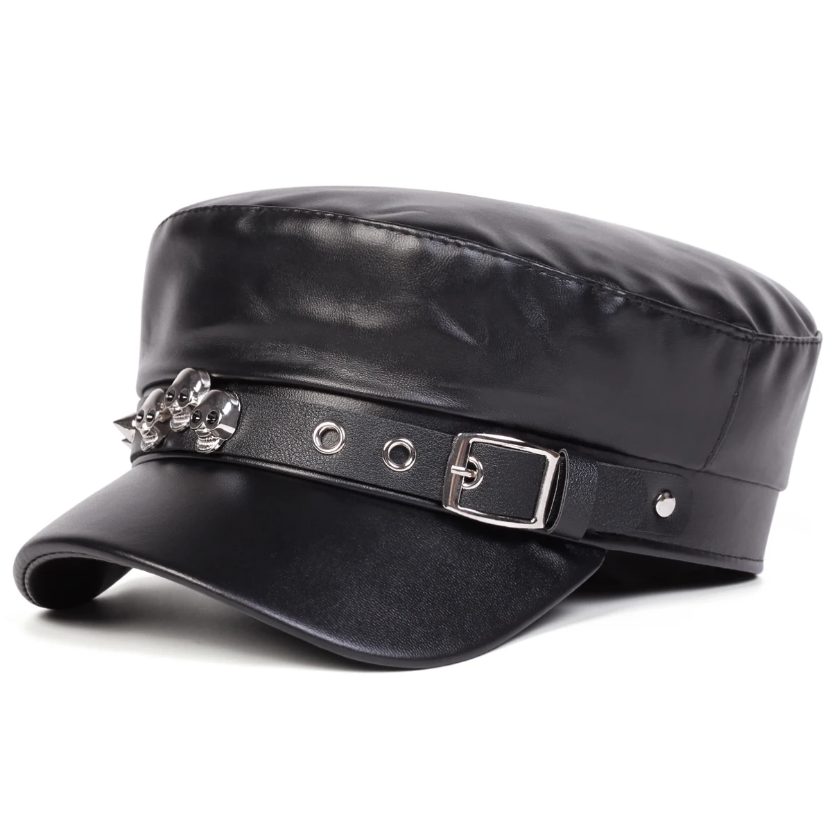 Unisex Rivet Skeleton PU Leather Military Hats Flat Top Baseball Caps For Women Outdoor Sports Cadet Sunscreen Hat