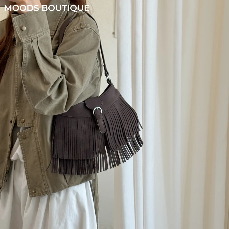 MOODS Bohemian Style Underarm Shoulder Bags For Women Faux Suede Small Cross Body Bag Pure Color Tassels Vintage Handbags 2026