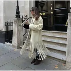 2024 Fashion Streetwear Trench Coats Elegant Tassel Woolen Coat Women Turn Down Collar Full Sleeve Pocket Female Autumn Jacket