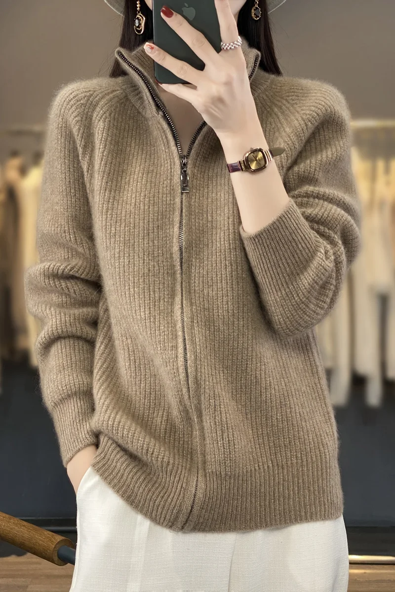 New Chic Women 100% Merino Wool Sweater Cardigan Autumn Winter Zipper Soft Knitwear Long Sleeve Wool Sweater Female Jacket Tops