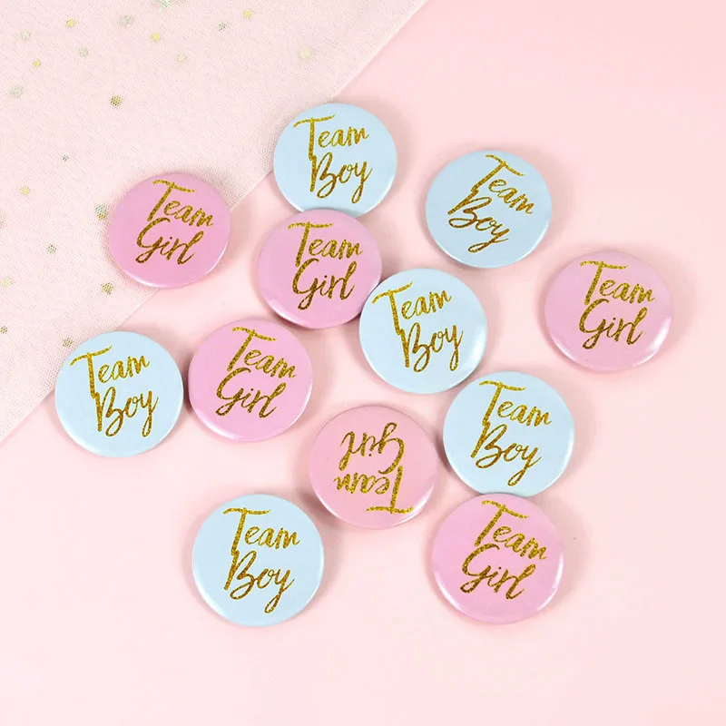 12pcs Boys Girls Birthday Badges Gender Reveal Pink Blue Team Boy Girl Tinplate Badge Baby Shower Kids Birthday Party Decoration