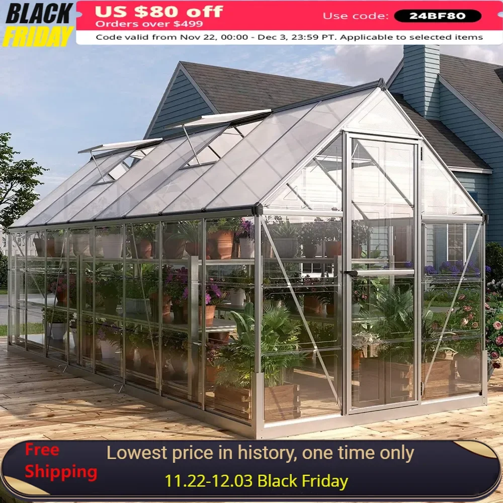 6x16 FT Greenhouse with Hinged Door and 4 Vent Windows, Lockable Aluminum Walk-in Sunroom, Hybrid Polycarbonate Greenhouse