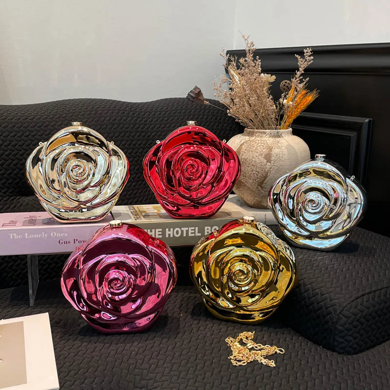3D Rose Flower Shaped Evening Clutch Bag Fashion Metallic Mirror Finish Hard Case Purse with Chain Luxury Floral Handbag view 5