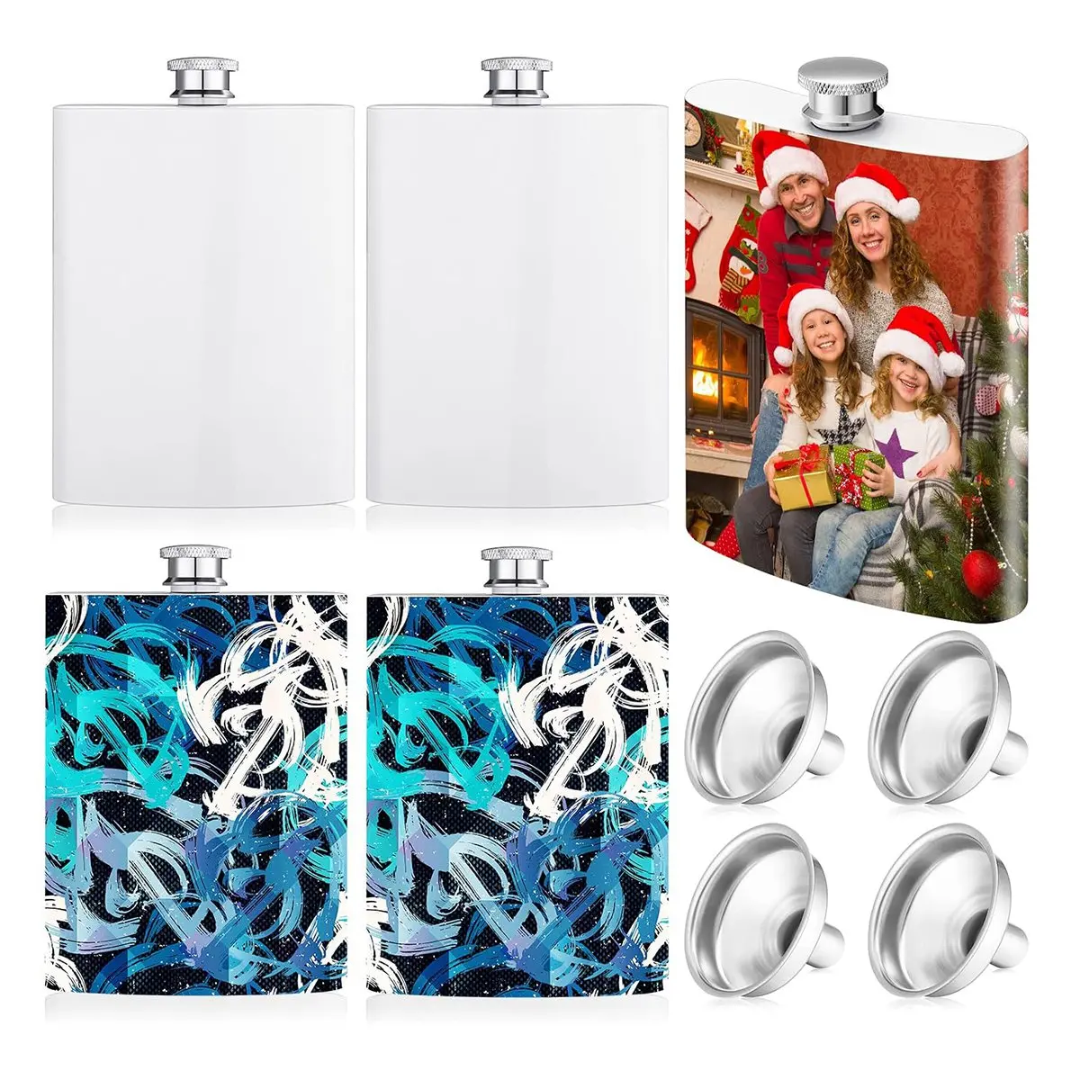 A04G-4 Pcs Sublimation Flasks Parts Kit With Metal Cap And Leakproof Funnel 8 Oz Stainless Steel Flasks Groomsmen Flask Containe