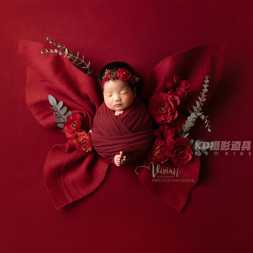 Newborn Photography Props Red Butterfly Wrap Set Flower Headband Floral Decor Props Baby Photo Studio Infant Shooting Accessory