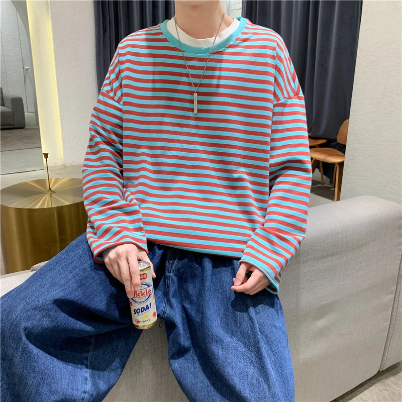 Striped Hole Autumn Spring Casual Long Sleeve Men Sweatshirts Fashion Oversized 2023 Trend Harajuku Tops New Arrival Retro Shirt