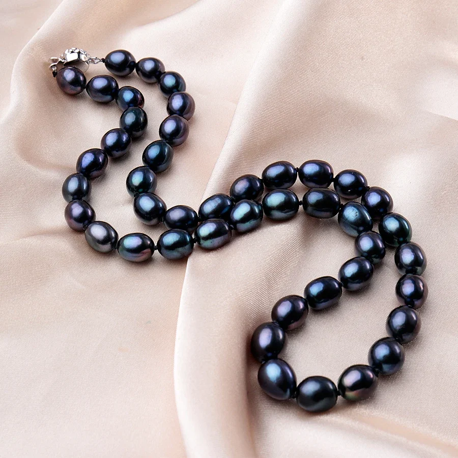 New Arrival 8-9 mm Natural Freshwater Black Pearl Jewelry Necklace 925 Sterling Silver Flower Buckle Fine Jewelry For Women