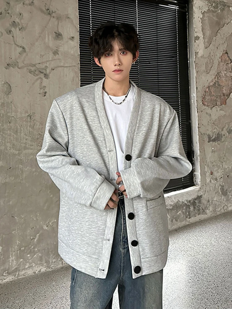 

Light ey Large V-Ne Open Cardigan Sweatirt Casual Chinese Sle Men's Jaet oulder Pads Spring Autumn Outerwear