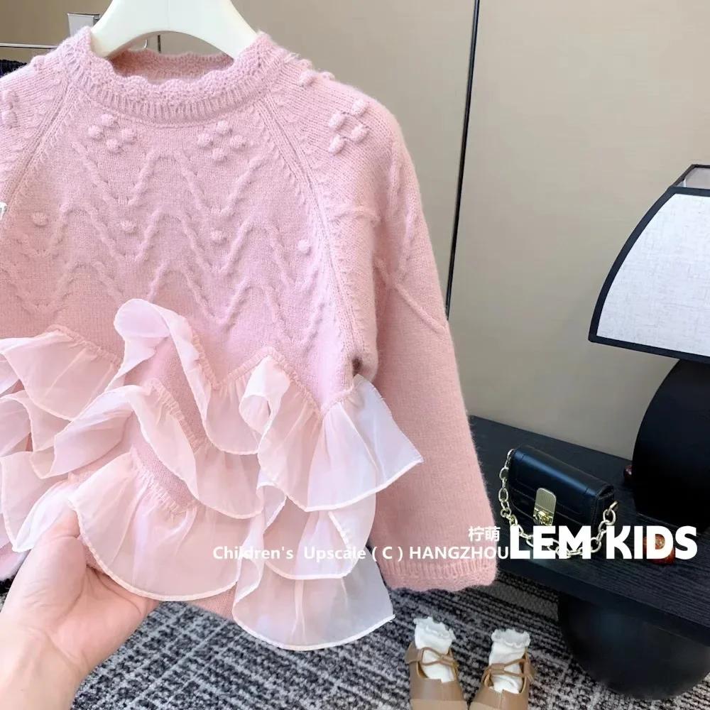 Kids Girls Solid Color Knit Sweater Coat  Autumn New Children Wool Knitted Tops Winter Pullover Bottom Kawaii Sweater image 4