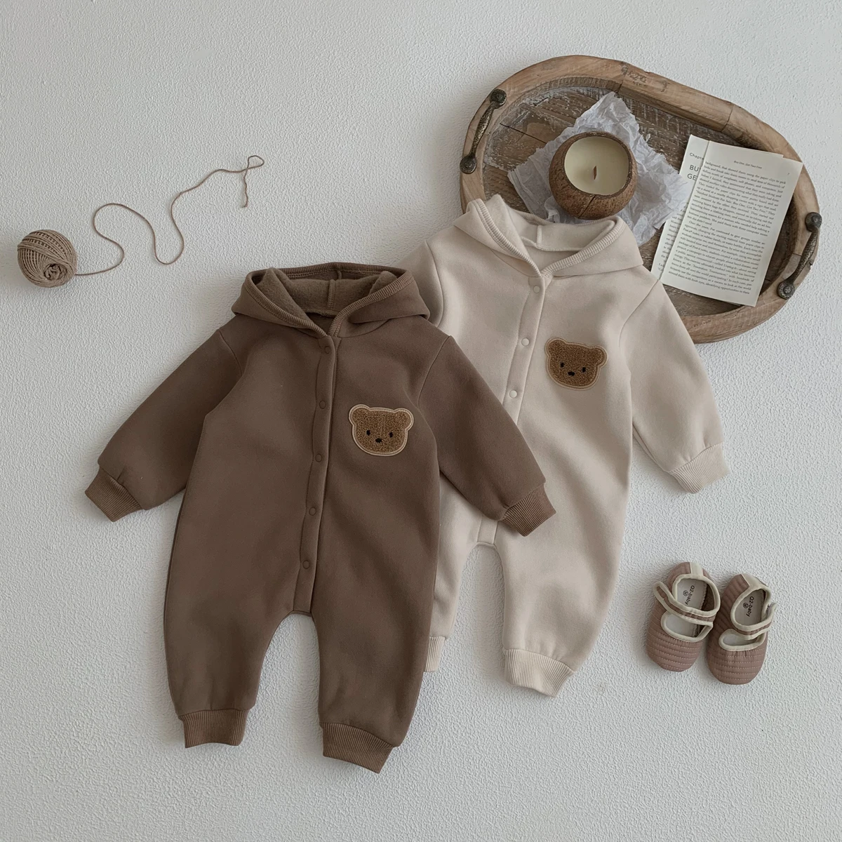 Ready Stock Newborn Baby Clothes Winter Baby Jumpsuit Bear Cute Hooded Baby Bodysuit Warm 0-2 Years Old