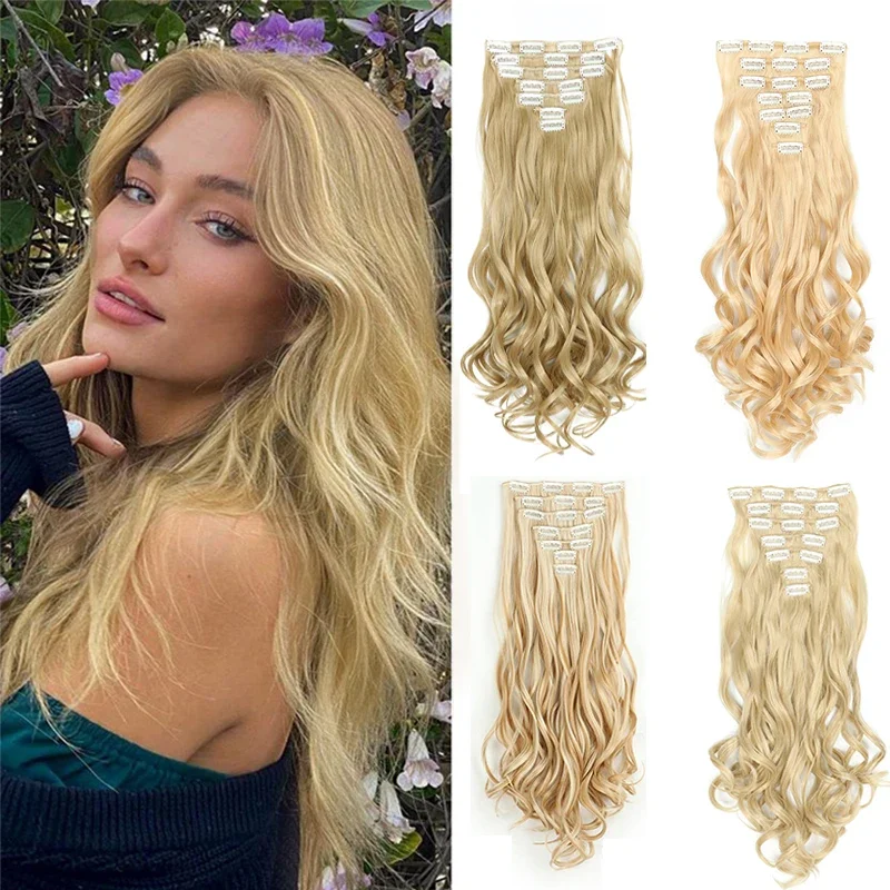 Extensiones de cabello largo ondulado para mujer, cabello sintético Natural, Rubio, cabeza completa, 16 Clips, 7 piezas por juego