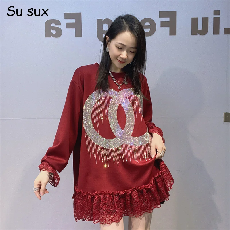 

Sequins Geometric Pattern Lace Patchwork T Shirt Woman Japanese Korean Fashion O Neck Long Sleeve Tops Bust 130cm 2026 Spring