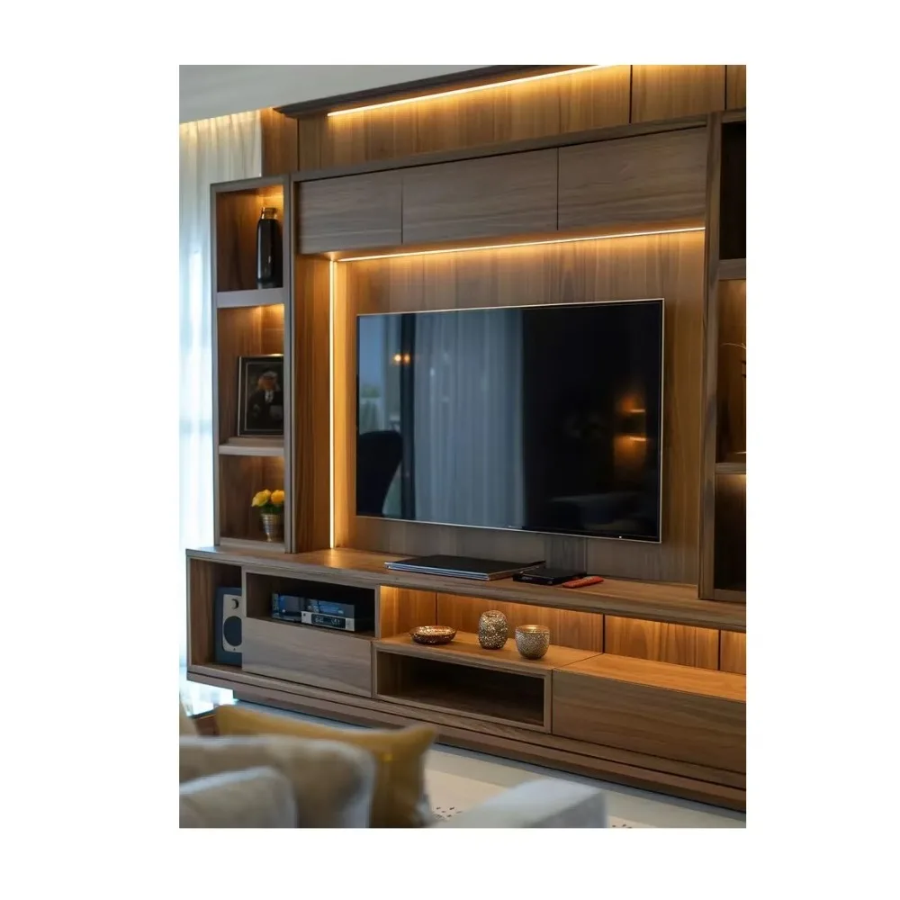 Custom Matt Modern Living Room Designs Cabinets Storage Wood Grain Veneer TV Wall Cabinet Cupboard